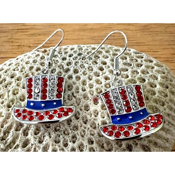 New Uncle Sam Hat Earrings Red Blue Clear Rhinestones Dangle Patriotic J… - Picture 6 of 12